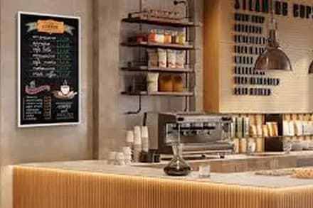 Café avec un écran style papier sur le mur